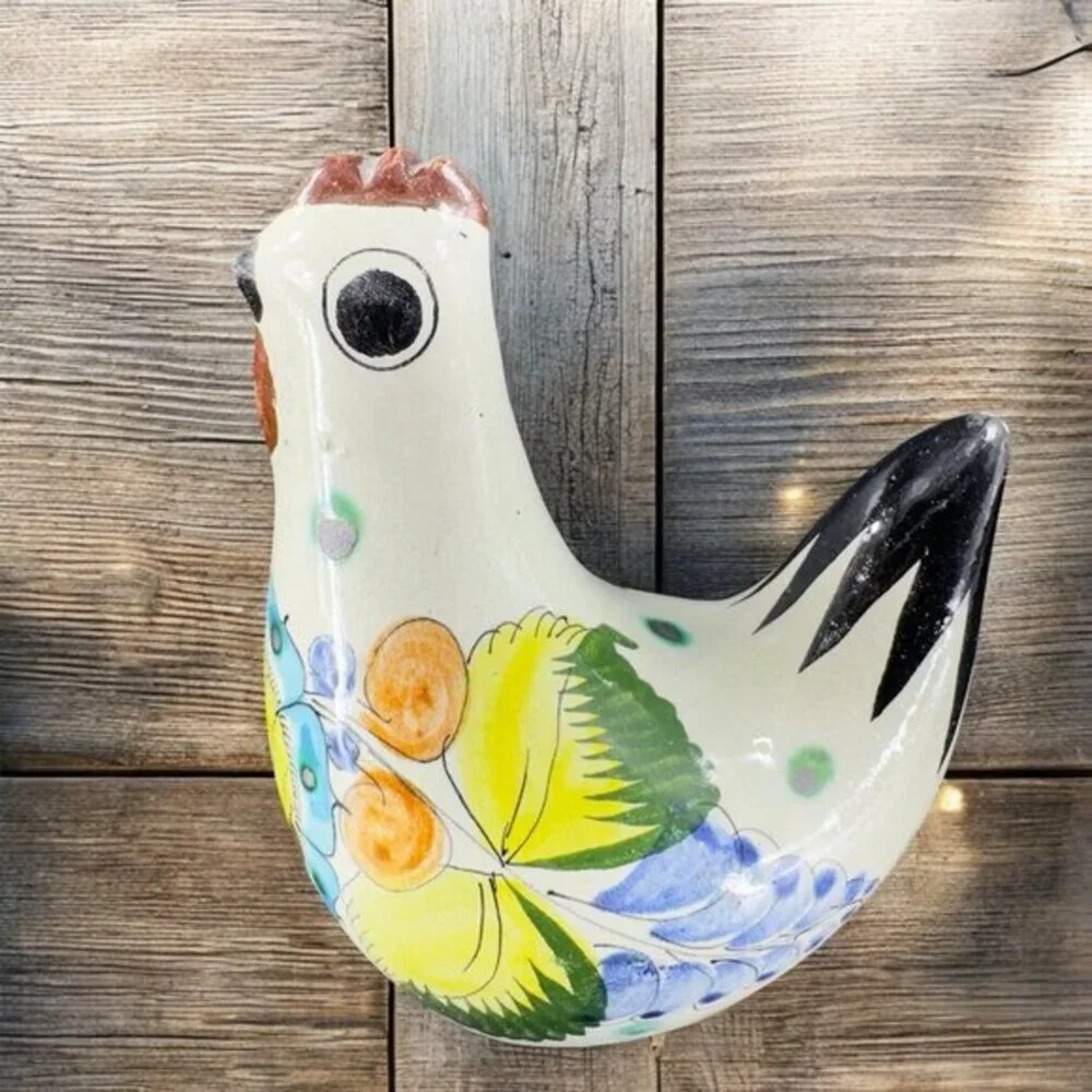 VTG Tonala Mexico Folk Art Pottery Chicken Rooster Hand Painted Figurine‎ Signed